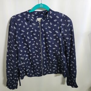 Loft Navy Floral Zip Jacket, Size Extra Small Petite, XSP